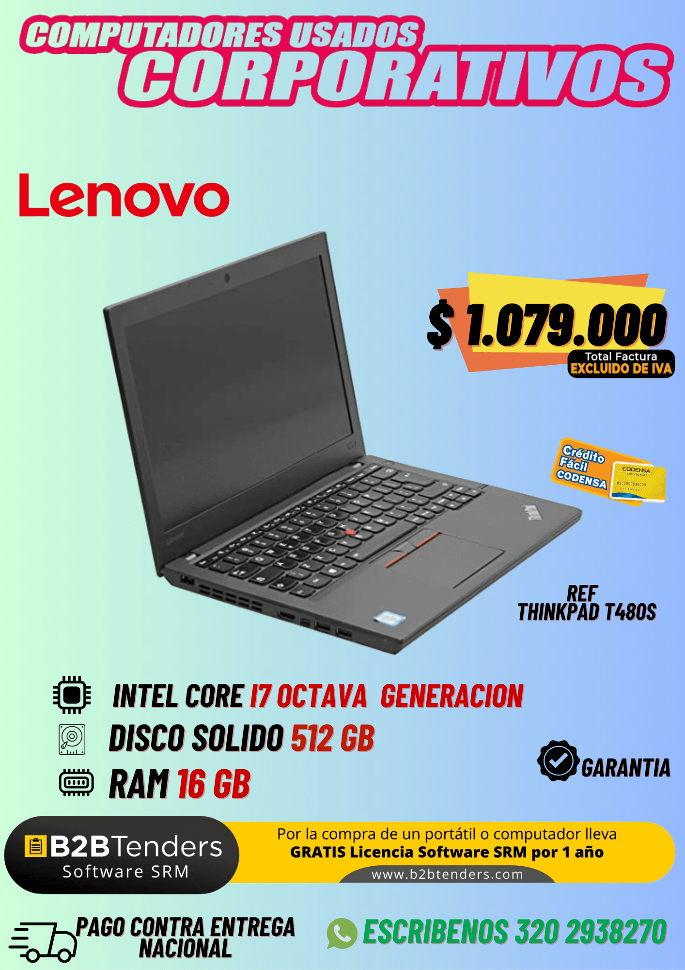 Lenovo ThinkPad T480s Usado | Core i7 8ª Gen, 16GB, 512GB SSD